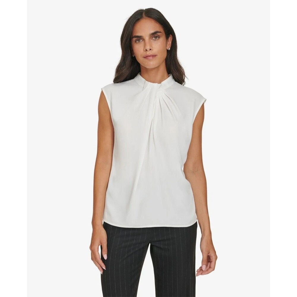 Calvin Klein Women's Twist-Front Cap-Sleeve Top Blouse Formal Casual Cream XL